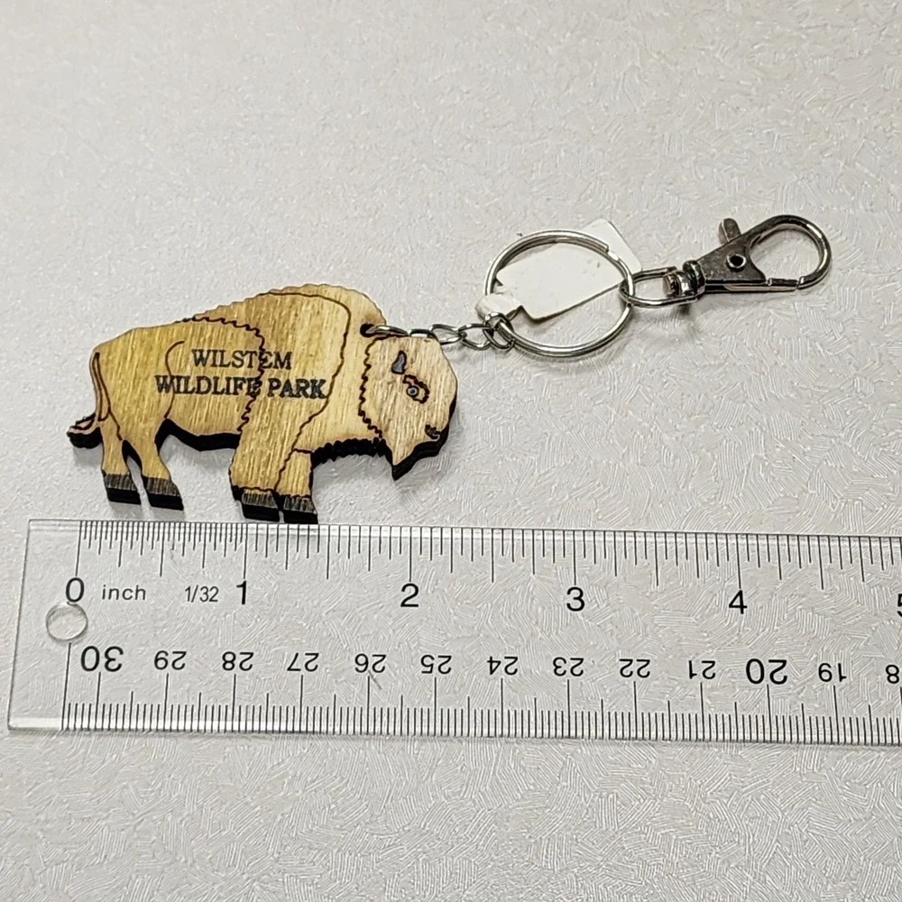 Wilstem Wildlife Park, Indiana Wood Cut Out BUFFALO Animal Key Chain Ring